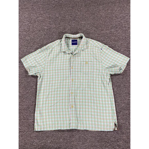 Tommy Bahama Shirt Mens Extra Large Green Button Short Sleeve Plaid Silk Outdoor - Picture 1 of 13